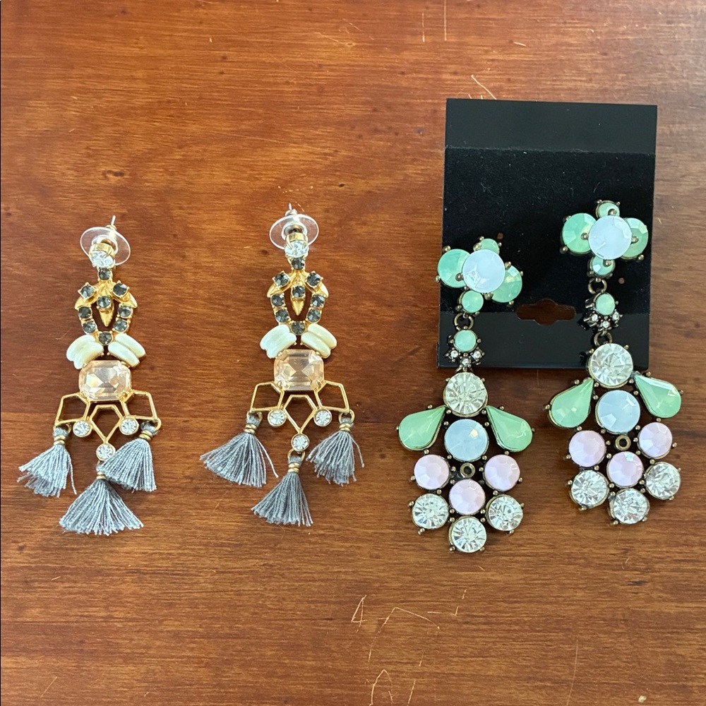 Lot of 2 pairs of statement dangle earrings faux rhinestones and tassels
